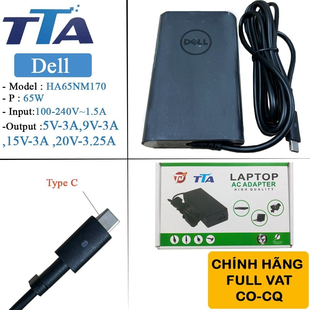 Bộ nguồn sạc pin laptop Dell 65W chân Type C chính hãng TTA - HA65NM170 - Phụ Kiện Điện Tử Việt Nam Bộ nguồn sạc pin laptop Dell 65W chân Type C chính hãng TTA - HA65NM170 - Phụ Kiện Điện Tử Việt Nam