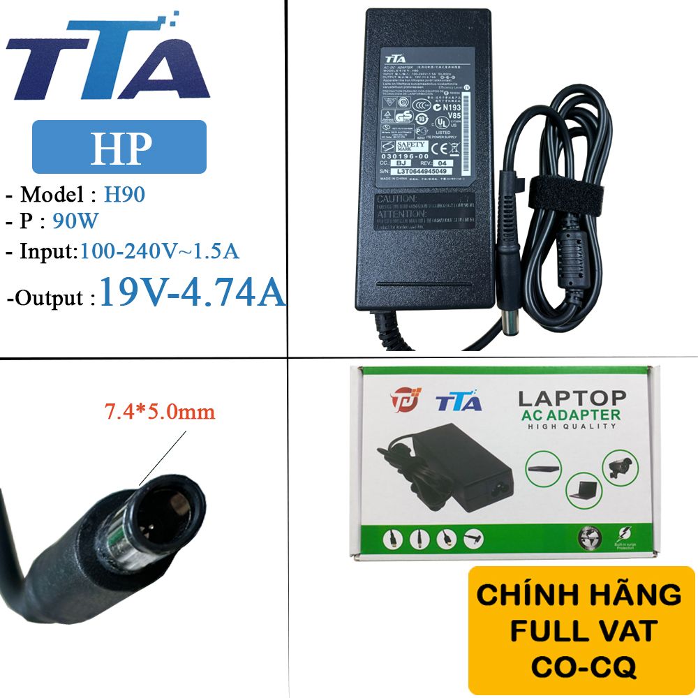 Bộ nguồn sạc pin laptop HP 19V-4.74A 90W chân 7.4x5.0mm chính hãng TTA - H90 - Phụ Kiện Điện Tử Việt Nam