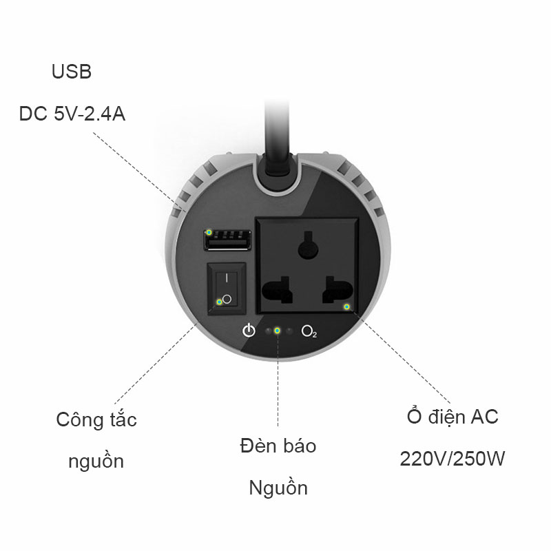 Tẩu sạc đổi nguồn 12V-220V 250W 1 cổng USB DC 5V-2.4A Xpower Nano O2 T300 - Phụ Kiện Điện Tử Việt Nam bo kich nguon 12vac ra 220vac 1 cong usb 5v-2.4a chinh hang xpower