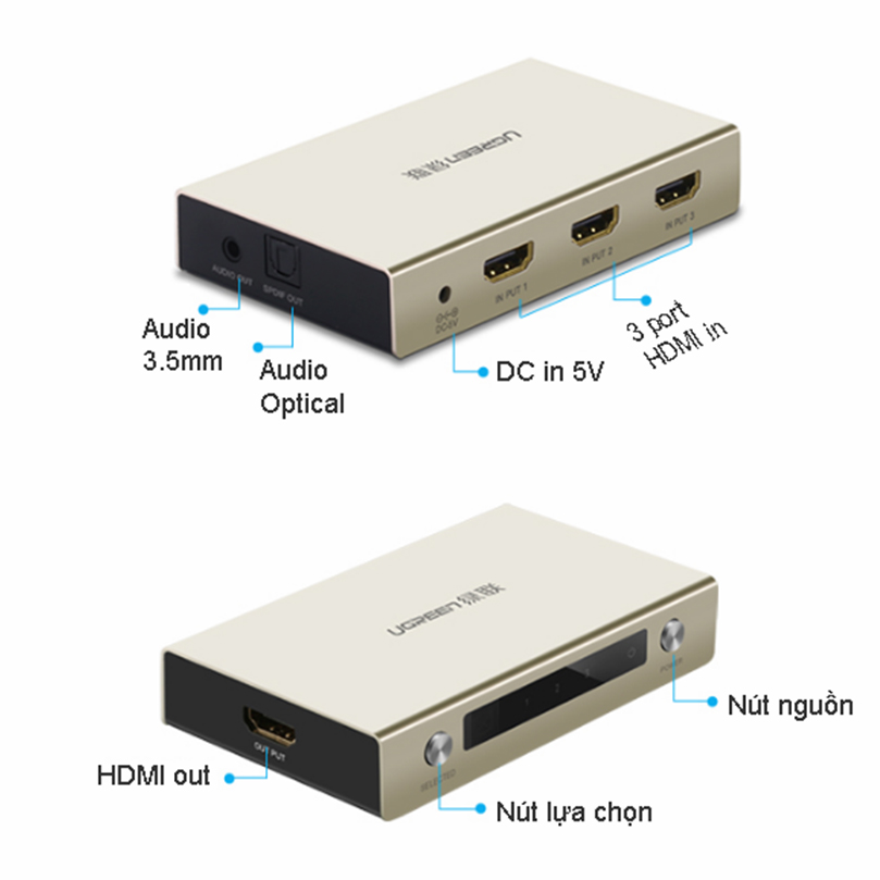 Switch 3x1 HDMI 4K 30Hz Audio SPDIF 3.5mm output Ugreen 40369 - Phụ Kiện Điện Tử Việt Nam bo chuyen mach hdmi 3 vao 1 ra ugreen 40369