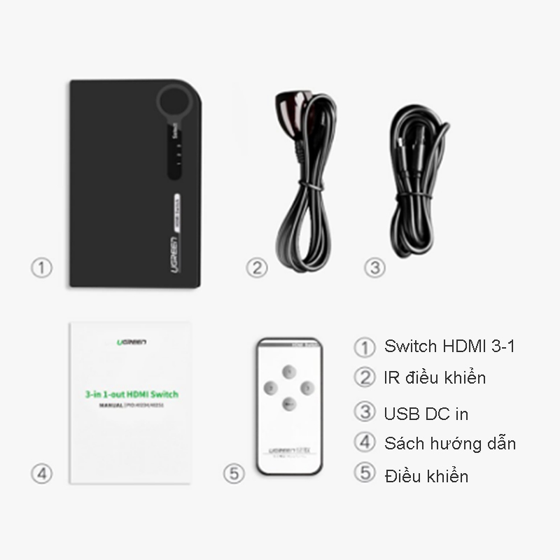 Switch HDMI 3x1 4K 30Hz Ugreen 40234 có điều khiển từ xa - Phụ Kiện Điện Tử Việt Nam bo chuyen mach hdmi 3 vao 1 ra ugreen 40234