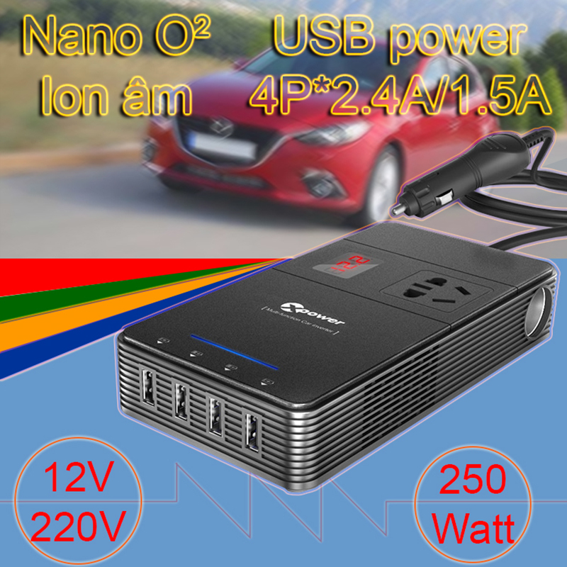 Bộ tẩu sạc chuyển nguồn 12V sang 220V 1 ổ điện, 4 cổng USB DC5V-2.4A/1.5A Xpower Nano O2 Series T1a - Phụ Kiện Điện Tử Việt Nam bo chuyen doi nguon 12v tren xe hơi sang ac220v-150w va 4 cong usb 5v-2.4a/1.5A