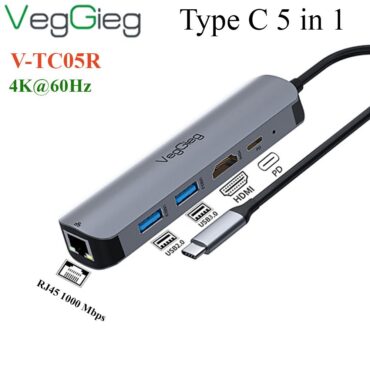 Bộ chuyển USB type C ra HDMI 4K*2k +  USB 3.0*1 + USB 2.0*1 + RJ45  VEGGIEG V-TC05R - Phụ Kiện Điện Tử Việt Nam