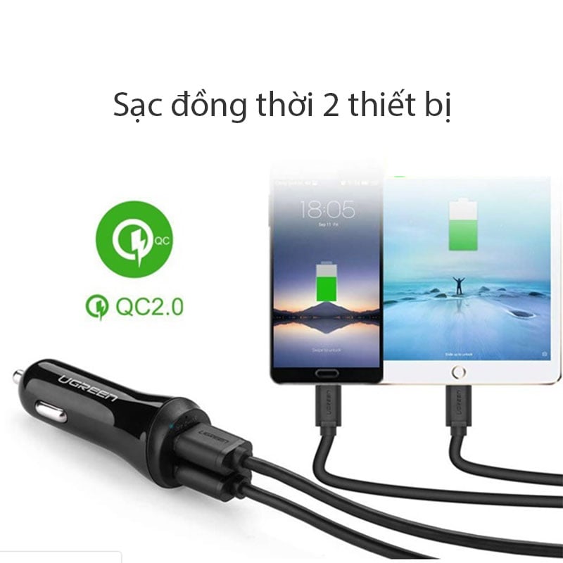 Tẩu sạc nguồn 12V 24V ra 1 port USB 5V-2.4A 1 port USB QC2.0 UGREEN 20757 20758 - Phụ Kiện Điện Tử Việt Nam sac nguon 12v/24v ra usb 5v-2.4a va qc 2.0 ugreen 20757 20758