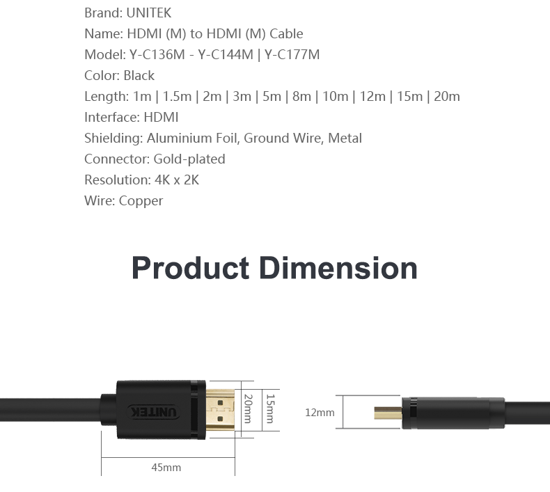 Cáp HDMI sang HDMI 2 đầu đực V1.4 4Kx2K 30Hz Unitek 1 mét đến 70m UNITEK chính hãng - Phụ Kiện Điện Tử Việt Nam Cap HDMI Unitek | Cap HDMI chính hãng giá tốt nhất Hà Nội