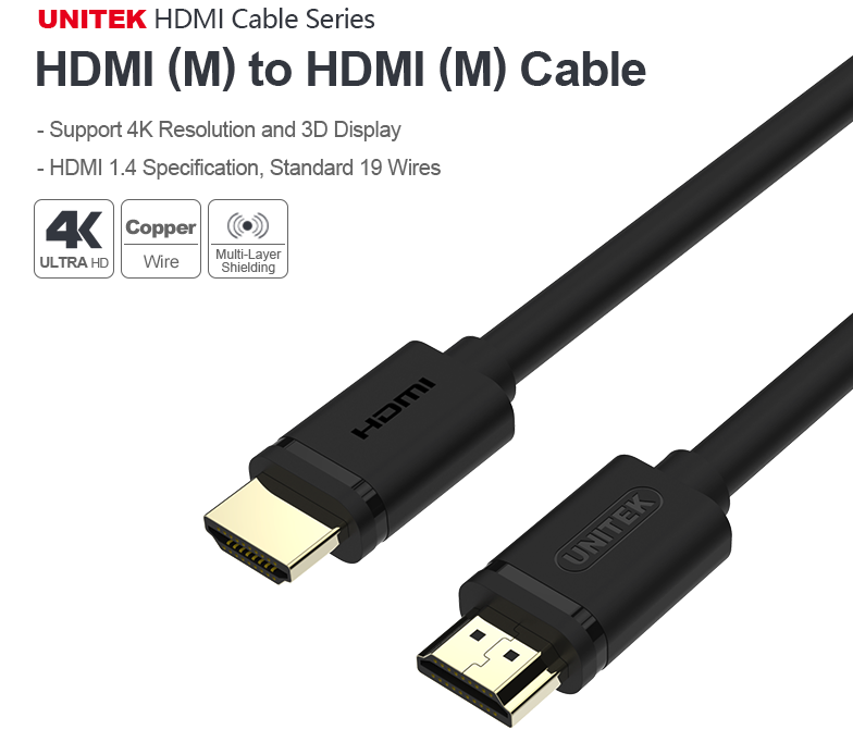 Cáp HDMI sang HDMI 2 đầu đực V1.4 4Kx2K 30Hz Unitek 1 mét đến 70m UNITEK chính hãng - Phụ Kiện Điện Tử Việt Nam Cap HDMI Unitek | Cap HDMI chính hãng giá tốt nhất Hà Nội
