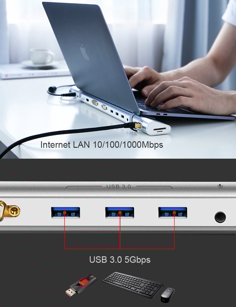 USB-C ra HDMI VGA DVI RJ45 Audio 3.5 TF SD USB 3.0 3 port USB type-C PD Ugreen 40373 - Phụ Kiện Điện Tử Việt Nam usb-c ra hdmi/dvi/vga usb 3.0/lan/audio/sd-tf ugreen 40373