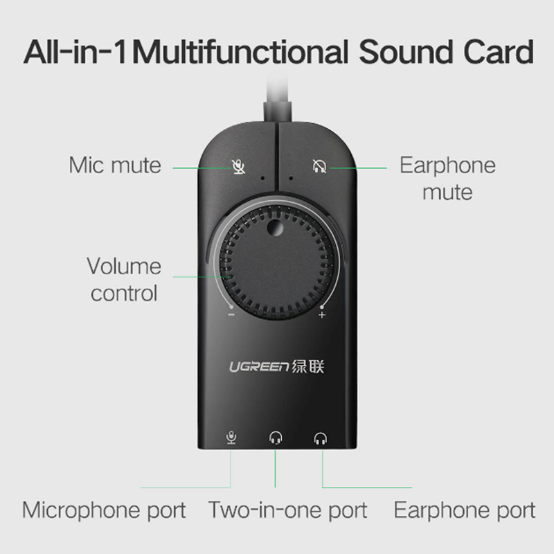 Cạc sound USB 3.5mm (micro/tai nghe) Volume control UGREEN 40964 (màu đen) - Phụ Kiện Điện Tử Việt Nam sound card USB 2.1 có dieu chinh am luong chinh hang ugreen
