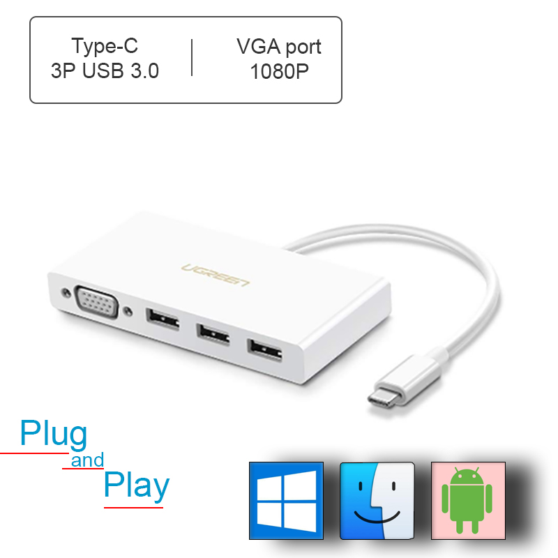 USB-C ra VGA 1080P+ 3 cổng USB 3.0 UGREEN 40375 - Phụ Kiện Điện Tử Việt Nam usb type-c ra vga usb 3.0 3 cong ugreen 40375