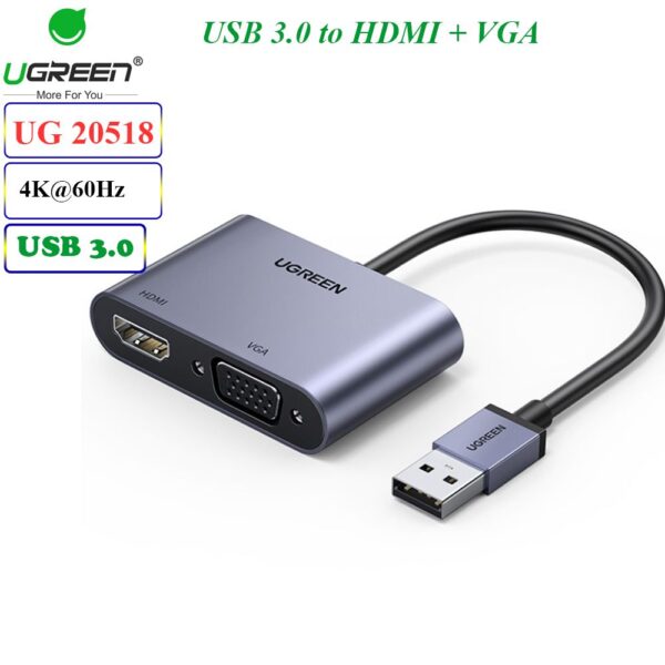 Bộ chuyển đổi USB 3.0 ra HDMI và VGA Full HD 1080P Ugreen 20518