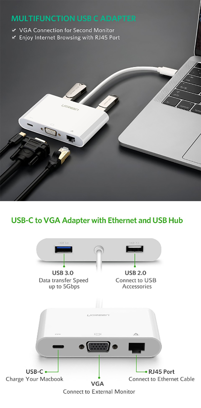 USB-C ra VGA LAN USB 3.0 1 port USB 2.0 1 port UGREEN 30439 - Phụ Kiện Điện Tử Việt Nam cap usb type-c ra vga rj45 usb 3.0 usb 2.0 ugreen 30439