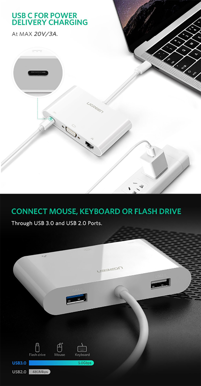 USB-C ra VGA LAN USB 3.0 1 port USB 2.0 1 port UGREEN 30439 - Phụ Kiện Điện Tử Việt Nam cap usb type-c ra vga rj45 usb 3.0 usb 2.0 ugreen 30439