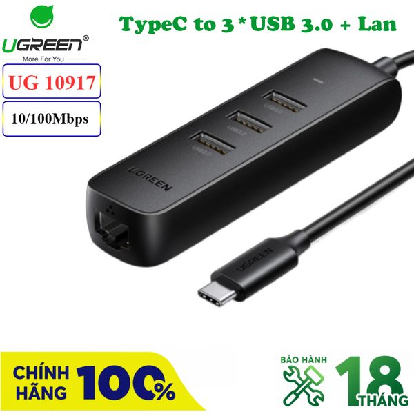 Bộ chia HUB USB 3.1 Type C ra 3 cổng USB 3.0 + Lan 10/100 Mbps Ugreen 10917 - Phụ Kiện Điện Tử Việt Nam