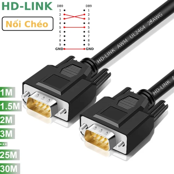 Cáp cổng COM RS232C nối chéo 2 đầu đực dài từ 1m đến 30m HD-Link