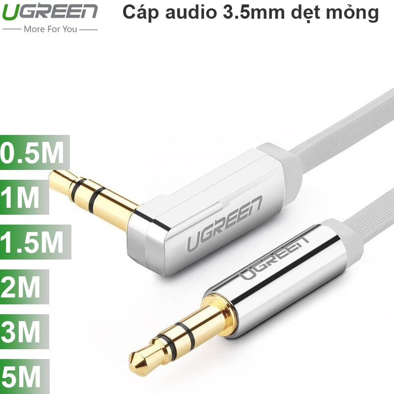 Cáp Audio âm thanh 3.5mm bẻ góc Ugreen 0.5M 1M 1.5M 2M 3M 5M (dẹt mỏng màu trắng) - Phụ Kiện Điện Tử Việt Nam 3.5mm audio cable aux