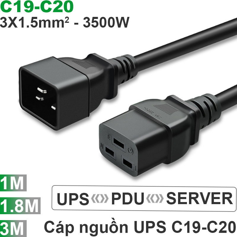 Cáp nguồn PDU C19- C20 lõi 3x1.5mm 16A-250V dài từ 1m, 1.8m, 2m, 3m - Phụ Kiện Điện Tử Việt Nam cap nguon c19c20