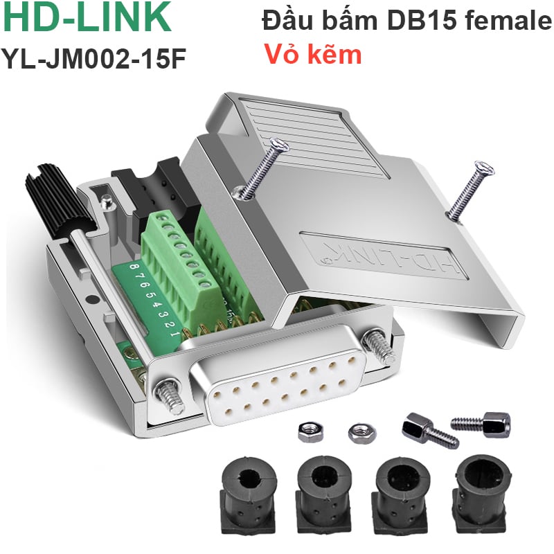 Đầu bấm cổng DB15 cái female bắt vít kèm vỏ ốp kẽm chân đồng mạ vàng 24K HD-LINK YL-JM002-15F - Phụ Kiện Điện Tử Việt Nam dau bam cong cai db9 hdlink
