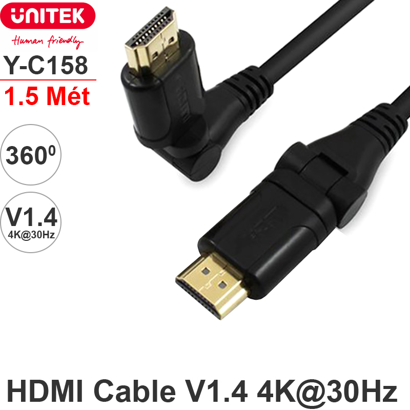 Cáp HDMI cong bẻ góc xoay 360 độ V1.4 4K 1.5 mét Unitek Y-C158 - Phụ Kiện Điện Tử Việt Nam cap hdmi cong vuong goc 360 do 1.4 mét unitek y-c158