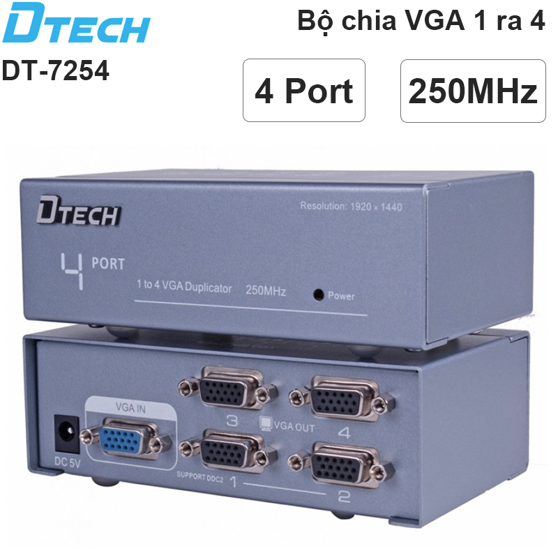 Bộ chia VGA 1 ra 4 250MHz DTECH DT-7254 - Phụ Kiện Điện Tử Việt Nam bo chia vga 1 ra 4 dtech dt-7254