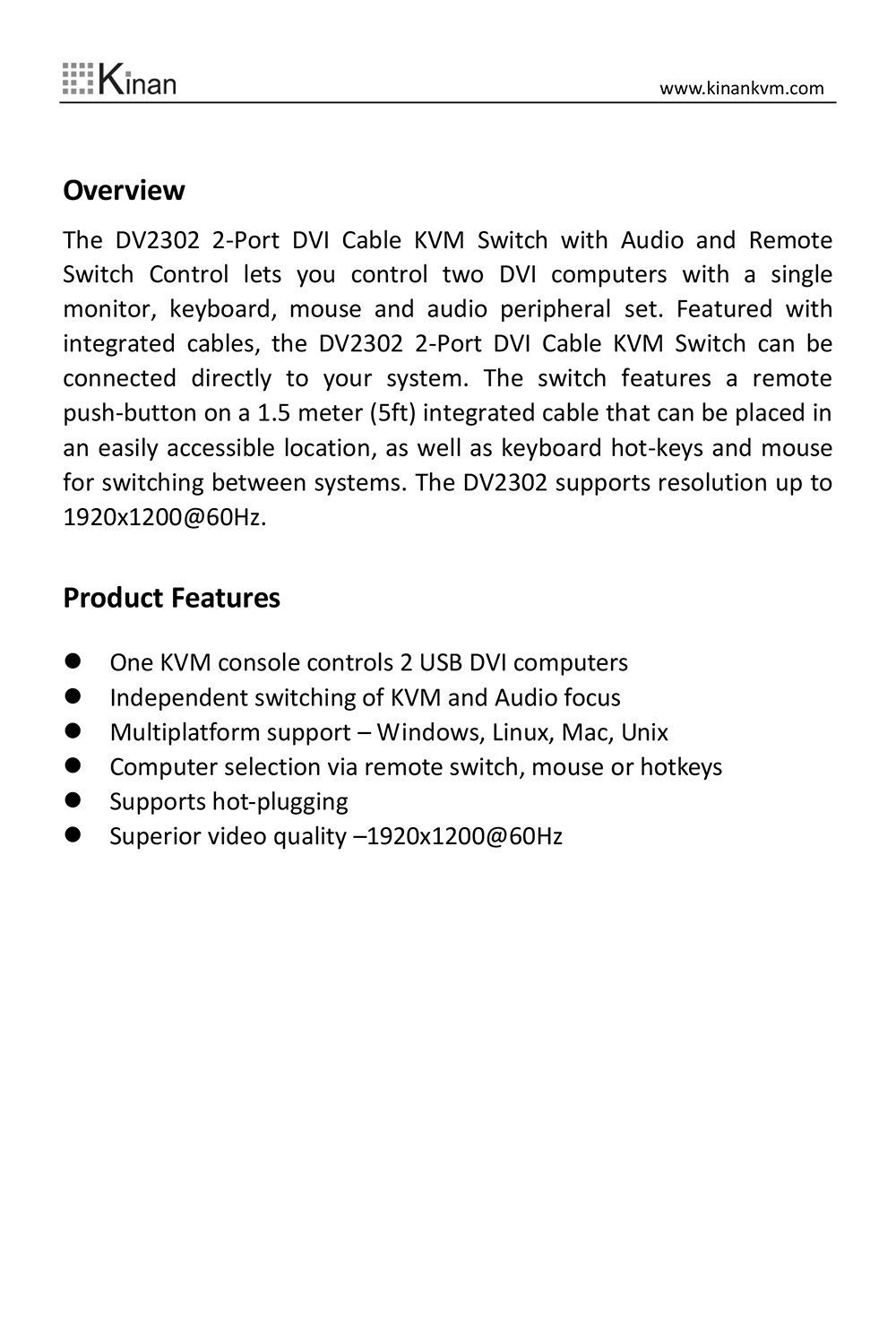 KVM switch 2 port DVI dạng cáp Kinan DV2302 - Phụ Kiện Điện Tử Việt Nam kvm dvi kinnan dv2302