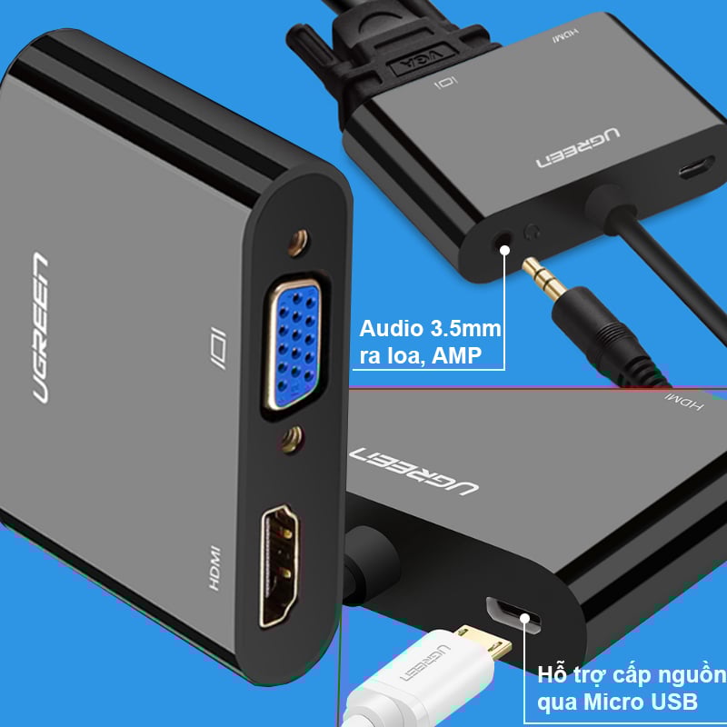 HDMI ra VGA 1080P ra HDMI 4K Audio 3.5mm 20Cm UGREEN 40744 - Phụ Kiện Điện Tử Việt Nam hdmi sang vga + hdmi + audio 3.5mm ugreen 40744