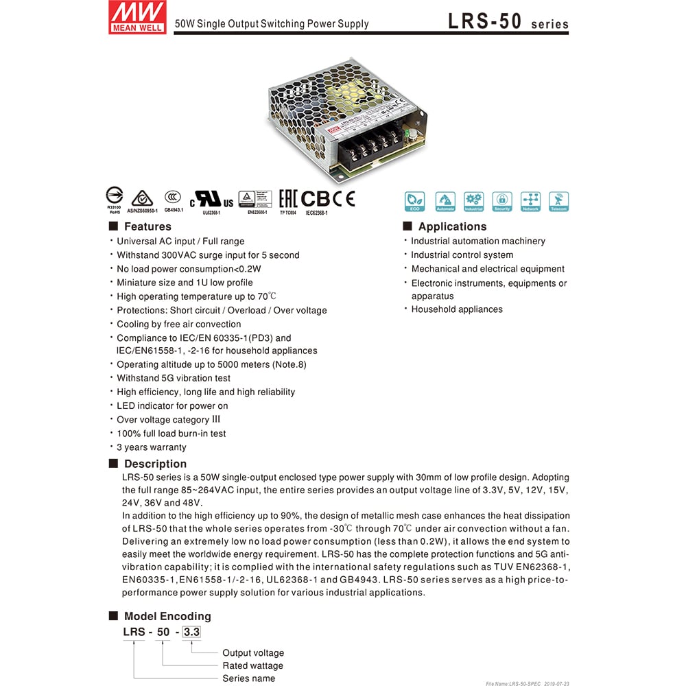 Nguồn DC LED 24V-2.2A 52.8W Meanwell LRS-50-24 - Phụ Kiện Điện Tử Việt Nam bo nguôn tong LED to ong meanwell lrs-50-24