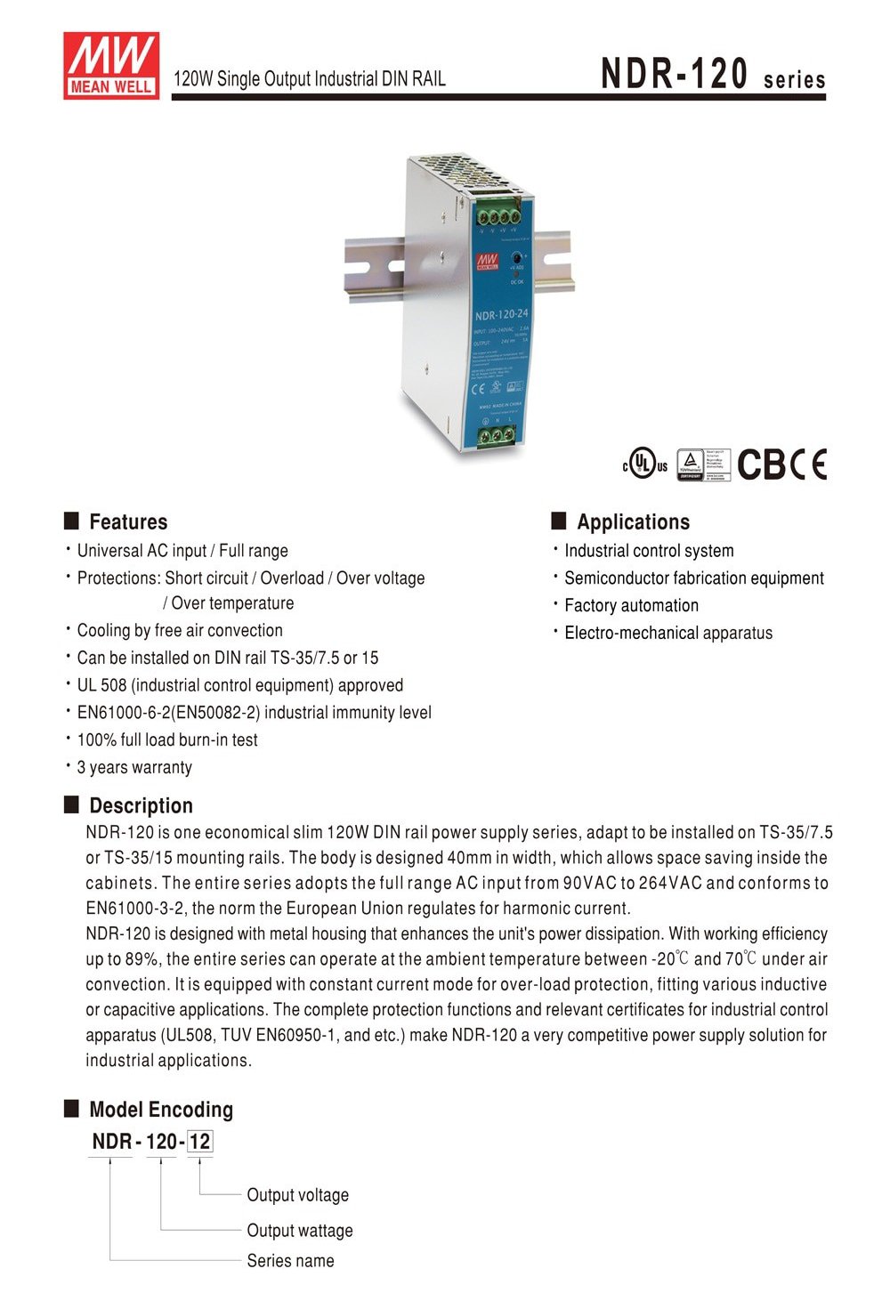 Nguồn DC 24V Meanwell NDR-120-24 24V 5A 120W