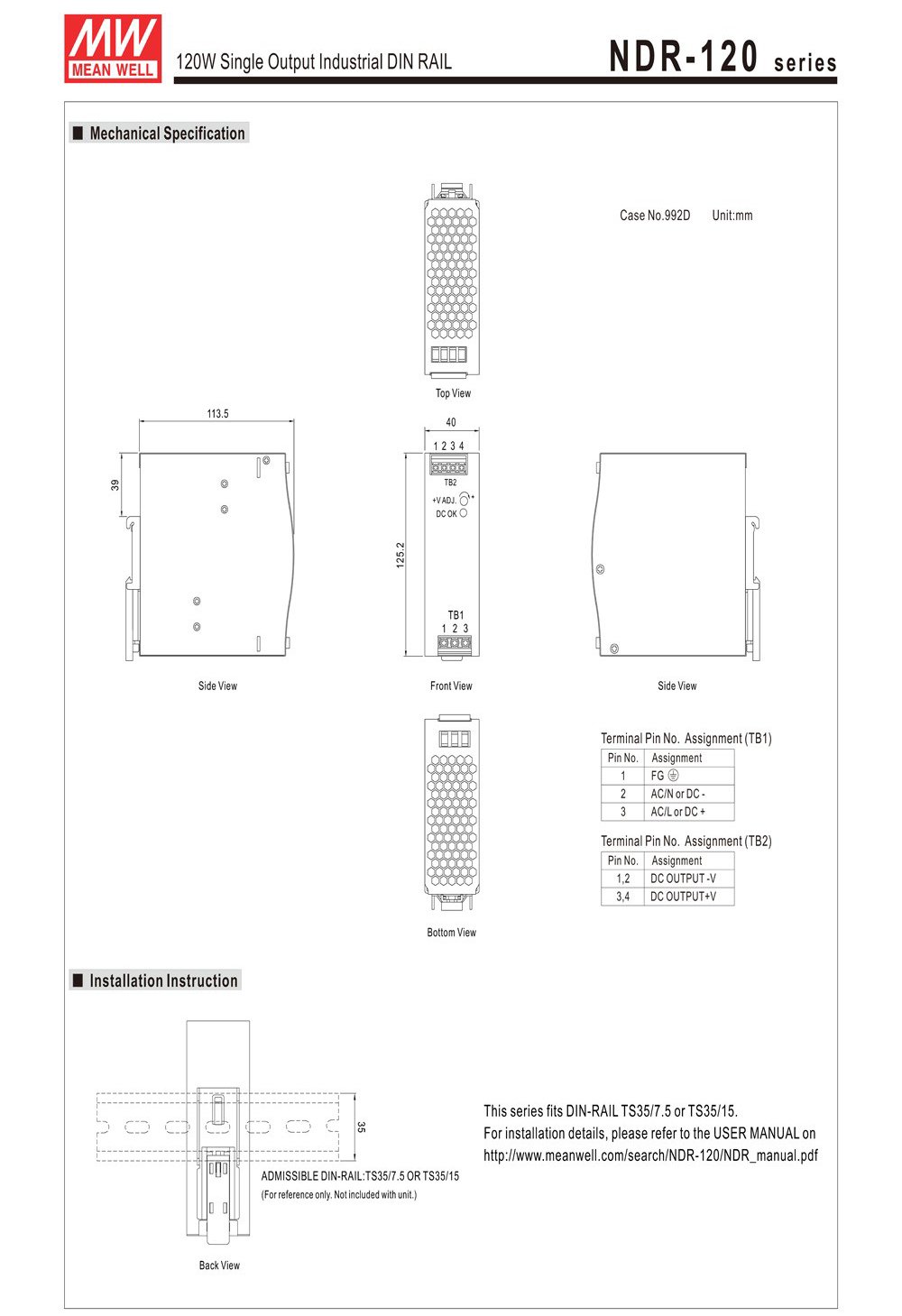 Nguồn DC 24V Meanwell NDR-120-24 24V 5A 120W