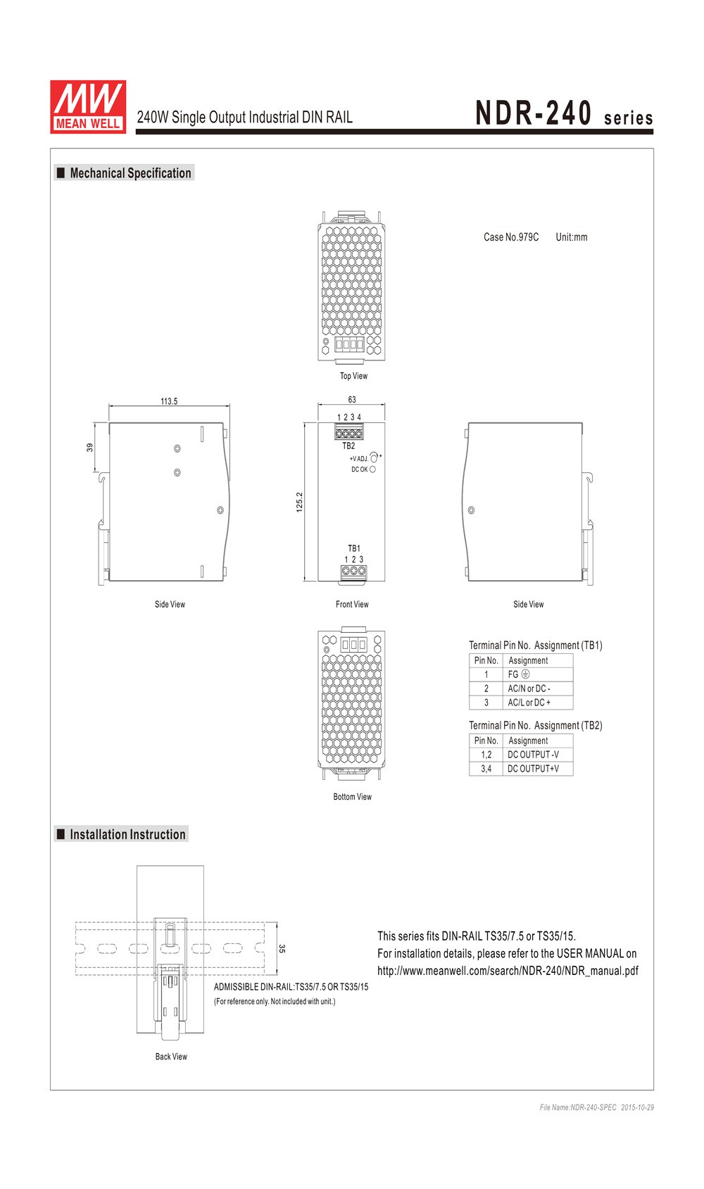 Nguồn DC 24V Meanwell NDR-240-24 24V 10A 240W Đài Loan