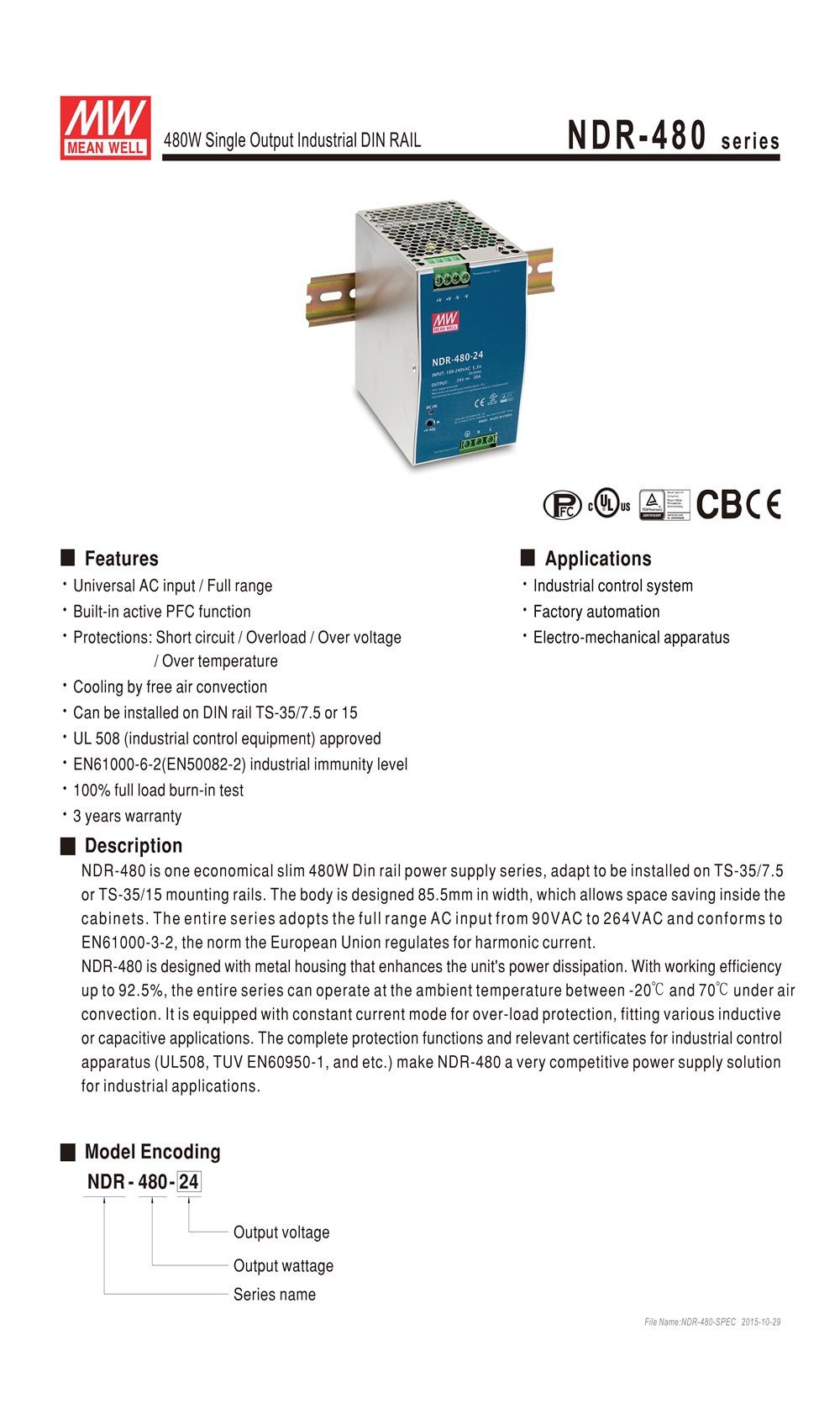 Nguồn DIN DC 480W công nghiệp 24V 20A Meanwell NDR-480-24 - Phụ Kiện Điện Tử Việt Nam Nguồn DC 24V Meanwell NDR-480-24 24V 20A 480W