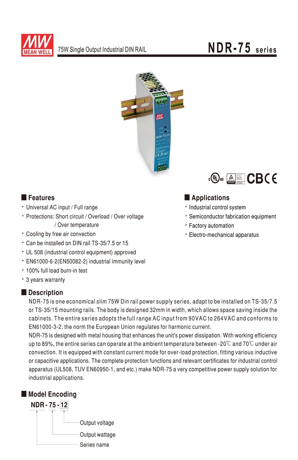Nguồn DIN DC 24V công nghiệp 75W 24V 3.2A Meanwell NDR-75-24 (ADJ 25V, 26V, 27V, 28V) - Phụ Kiện Điện Tử Việt Nam Nguồn DC công nghiệp 24v Meanwell NDR-75-24 24V 3.2A 75W
