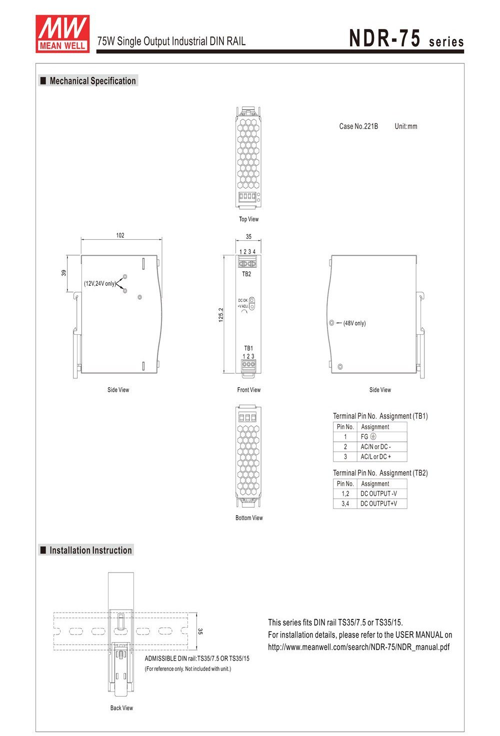 Nguồn DIN DC 24V công nghiệp 75W 24V 3.2A Meanwell NDR-75-24 (ADJ 25V, 26V, 27V, 28V) - Phụ Kiện Điện Tử Việt Nam Nguồn DC công nghiệp 24v Meanwell NDR-75-24 24V 3.2A 75W