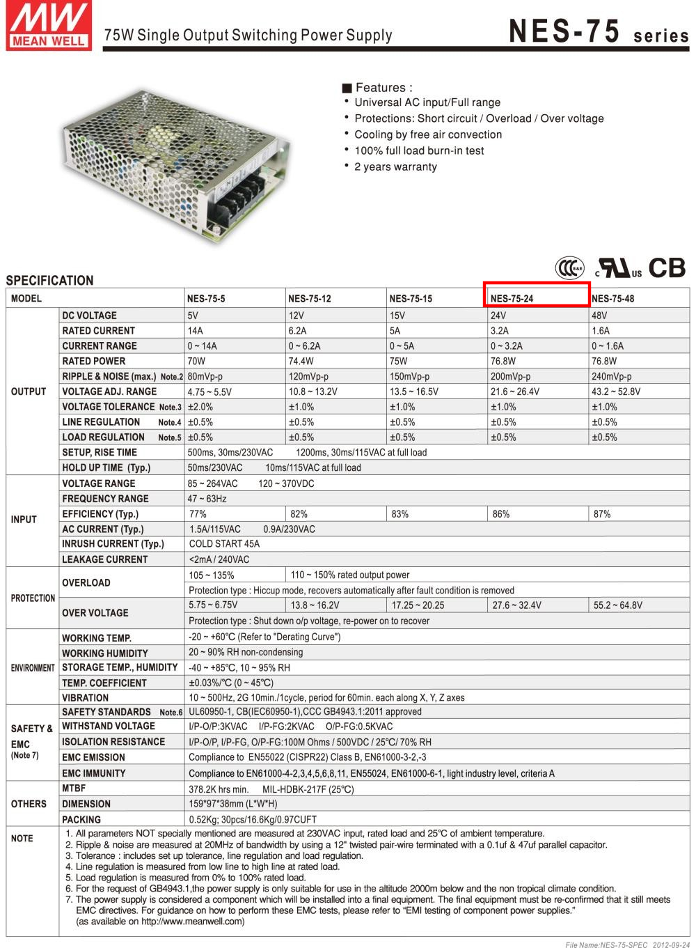 Nguồn DC LED 24V Meanwell NES-75-24 24V 3.2A 75W