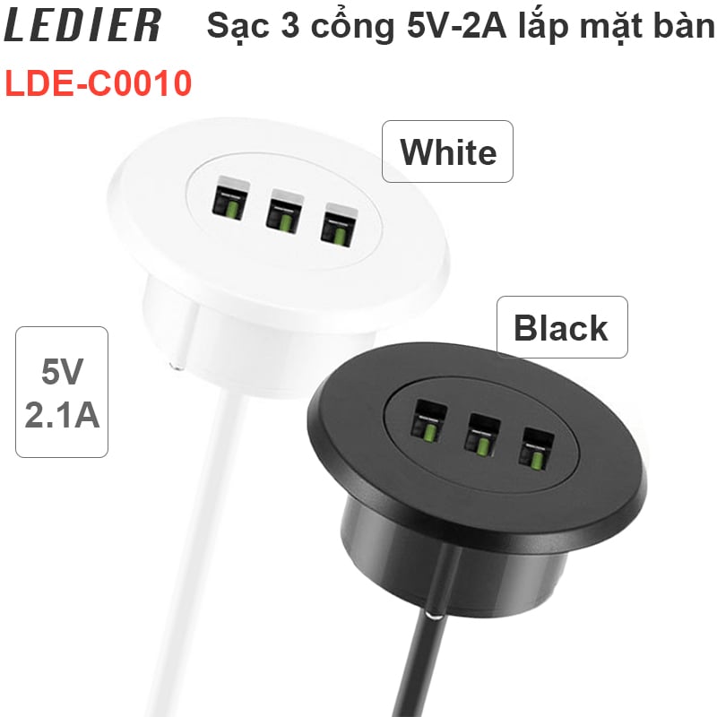 Ổ cắm sạc 3 cổng USB 5V 2.1A lắp mặt bàn âm sàn 1.5 mét (đen và trắng) - Phụ Kiện Điện Tử Việt Nam nguon sac con usb 5v-2a lap mat ban