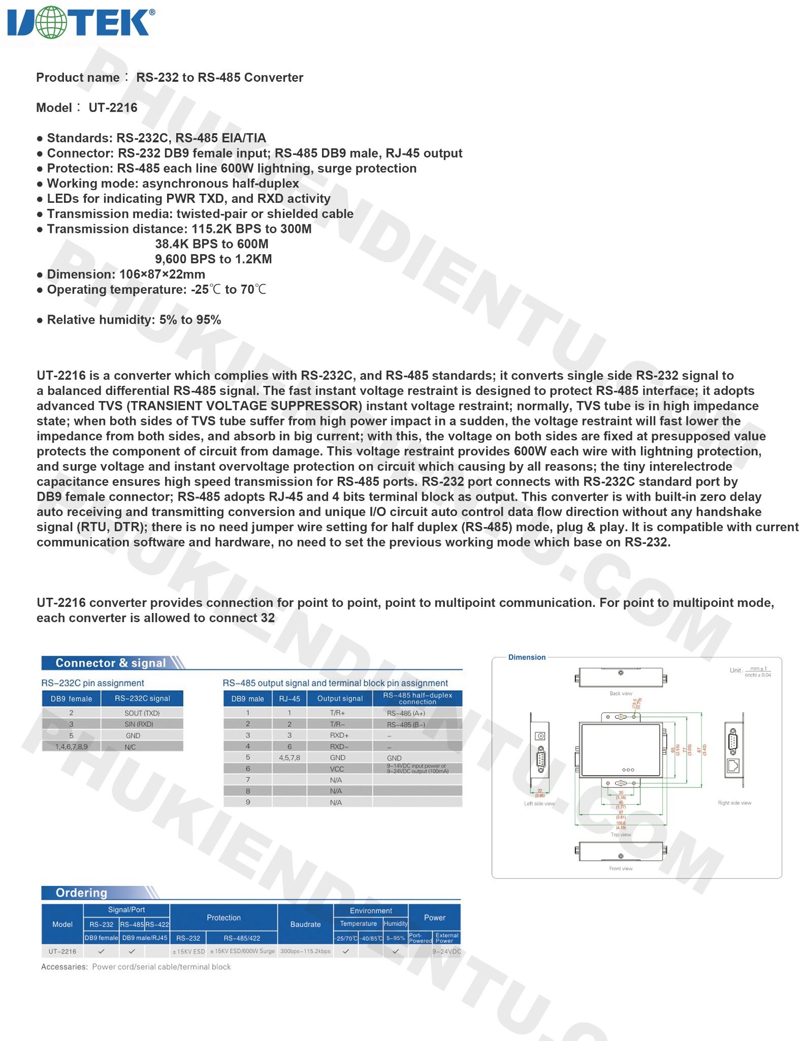 utek ut-2216 rs232 rj45 sang rs485