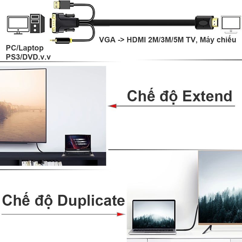 Dây cáp chuyển VGA + Audio sang HDMI 2 Mét 3 Mét full HD 1080P - Phụ Kiện Điện Tử Việt Nam vga sang HDMI 2 met 3 met 5 met