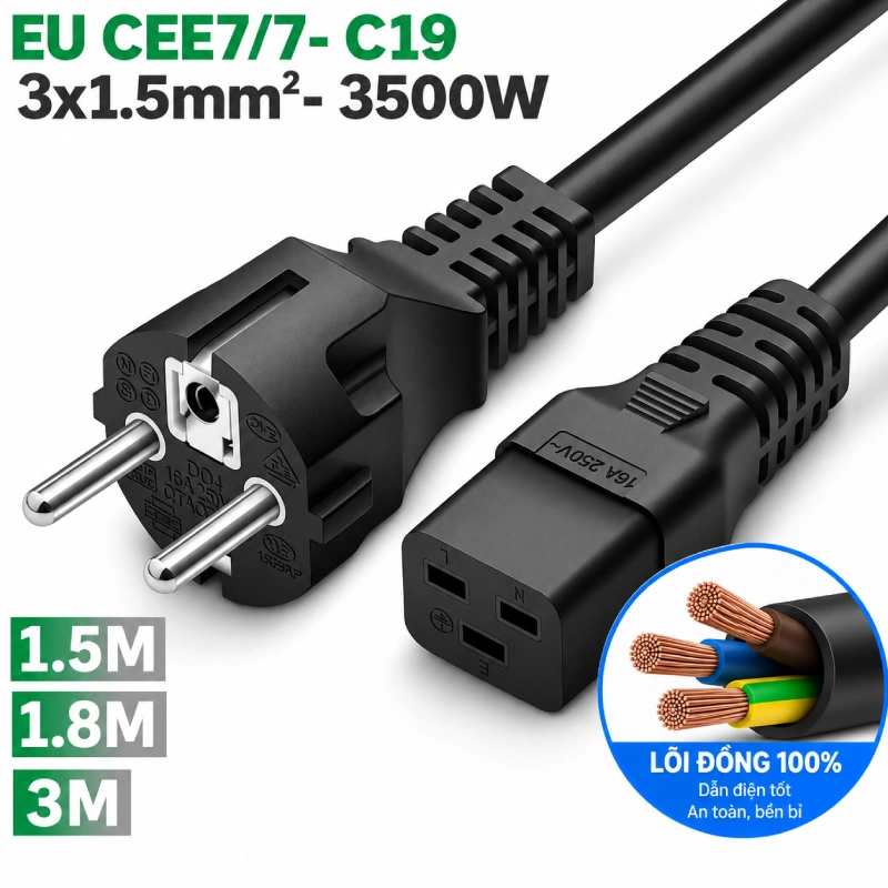 Cáp nguồn C19 chân cắm thẳng 1.8m IEC320 CEE 7/7 3x1.5mm² 250V-16A hiệu Doxconn - Phụ Kiện Điện Tử Việt Nam Cáp nguồn C19 3x1.5mm 00