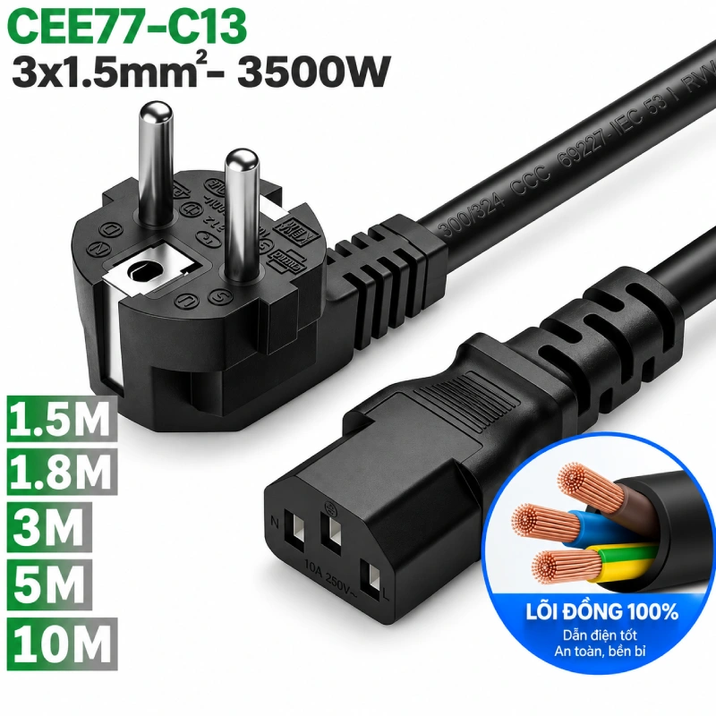 Cáp nguồn C13 chân EU CEE 77 lõi đồng 3x1.5mm 250V-16A dài 1.8m-10m - Phụ Kiện Điện Tử Việt Nam Cáp nguồn EU CEE 77- C13 3x1.5mm 00