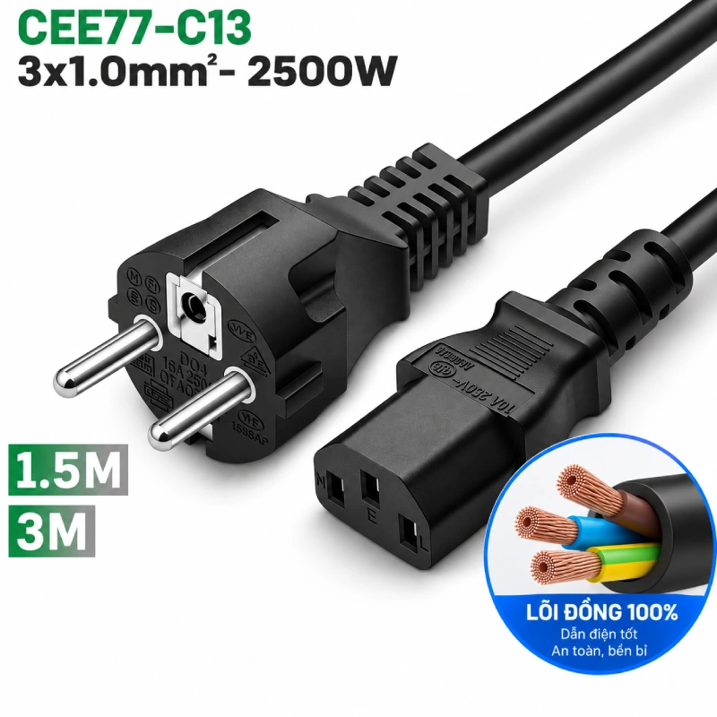 Cáp nguồn chân thẳng CEE 7/7 EURO SCHUKO IEC60320 C13 3x1mm 250V-10A dài 1.8m-3m - Phụ Kiện Điện Tử Việt Nam Cáp nguồn EU CEE 77- IEC320 C13 3x1.0mm 0