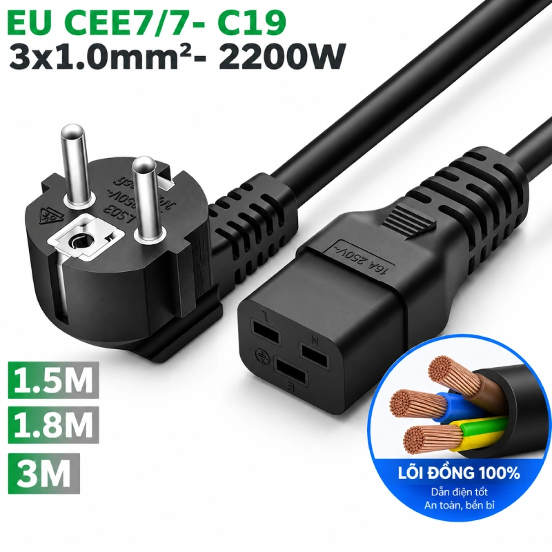 Cáp nguồn C19 IEC320 CEE 7/7 1.5m 3x1.0mm² 250V-16A hiệu Doxconn - Phụ Kiện Điện Tử Việt Nam Cáp nguồn EU- IEC320 C19 3x1.0mm 0