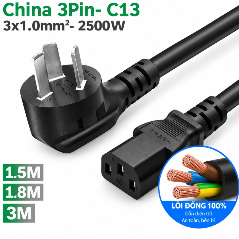 Cáp nguồn 3 chân chéo C13 chuẩn China 3Pin lõi đồng 3×1.0mm² – 250V-10A – dài 1.8m- 3m - Phụ Kiện Điện Tử Việt Nam Cáp nguồn China 3Pin- IEC320 C13 3x1.0mm 0