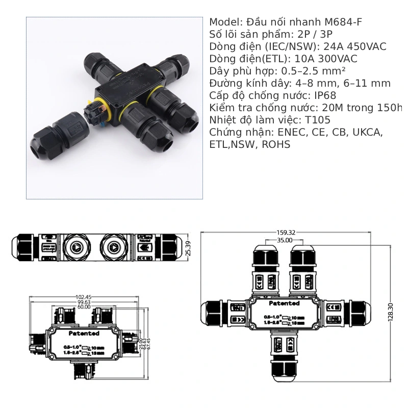 Đầu nối dây điện ngoài trời chống nước IP68 M684-Y 3 nhánh kiểu chữ Y - Phụ Kiện Điện Tử Việt Nam Đầu nối điện chống nước IP68 M684-F 2