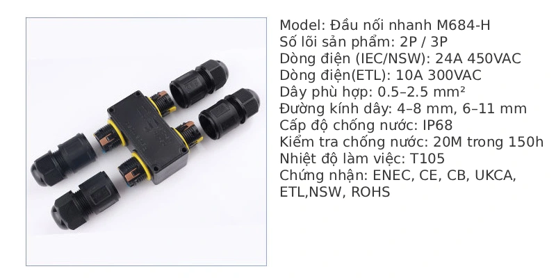 Đầu nối dây điện ngoài trời chống nước IP68 M684-Y 3 nhánh kiểu chữ Y - Phụ Kiện Điện Tử Việt Nam Đầu nối điện chống nước IP68 M684-H 2