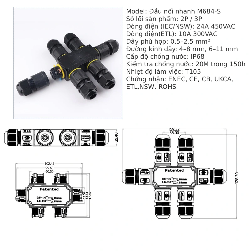 Đầu nối dây điện ngoài trời chống nước IP68 M684-Y 3 nhánh kiểu chữ Y - Phụ Kiện Điện Tử Việt Nam Đầu nối điện chống nước IP68 M684-S 3