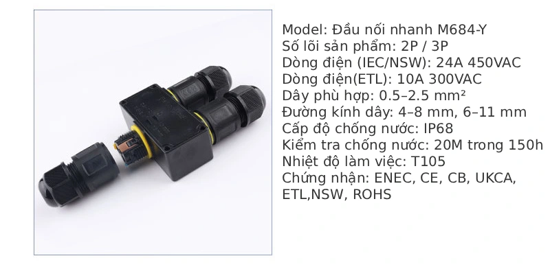 Đầu nối dây điện ngoài trời chống nước IP68 M684-Y 3 nhánh kiểu chữ Y - Phụ Kiện Điện Tử Việt Nam Đầu nối điện chống nước IP68 M684-Y 6