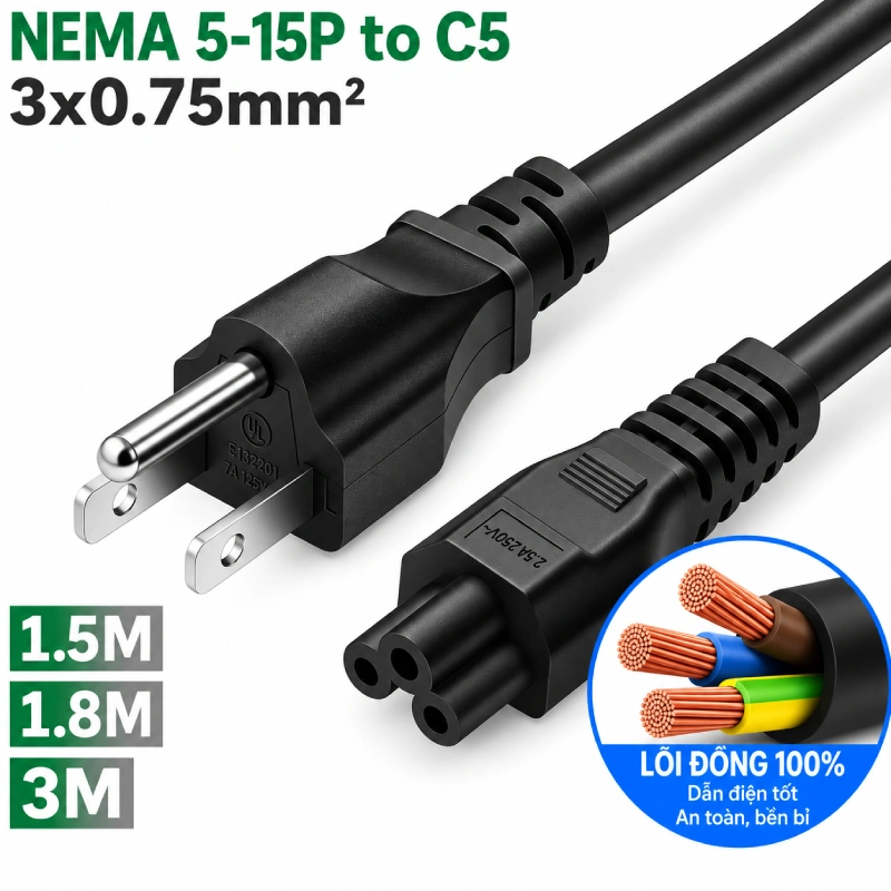 Dây cáp nguồn C5 (Mickey) 3 chấu NEMA 5-15P lõi đồng 3x0.75mm² 1.5m 1.8m cho laptop - Phụ Kiện Điện Tử Việt Nam Cáp nguồn 3 chân Nema 5-15P sang C5 0