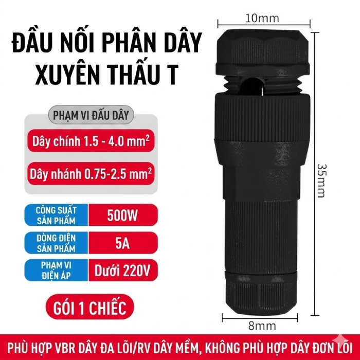 Đầu nối nhanh dây điện phân nhánh chữ T không cần tuốt vỏ màu đen