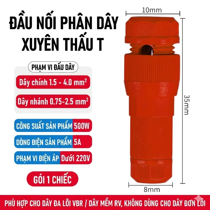 Đầu nối nhanh dây điện phân nhánh chữ T không cần tuốt vỏ màu đỏ