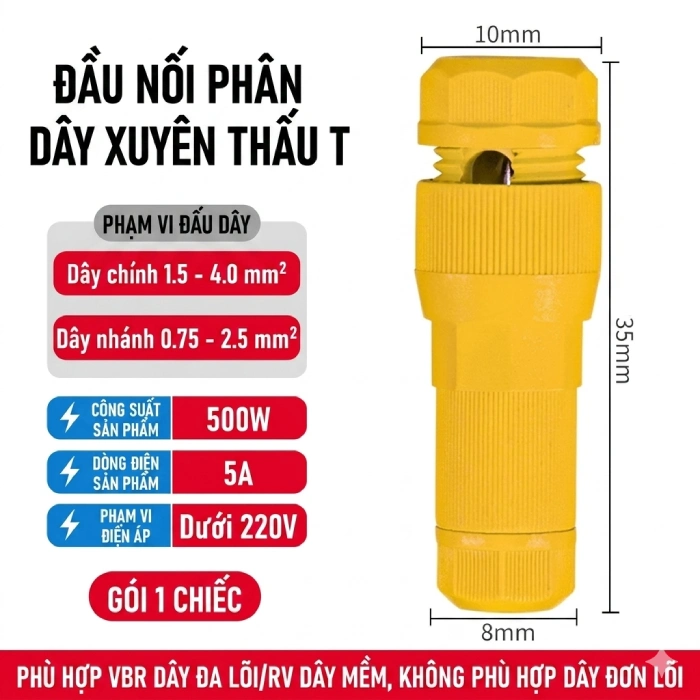 Đầu nối nhanh dây điện phân nhánh chữ T không cần tuốt vỏ màu vàng