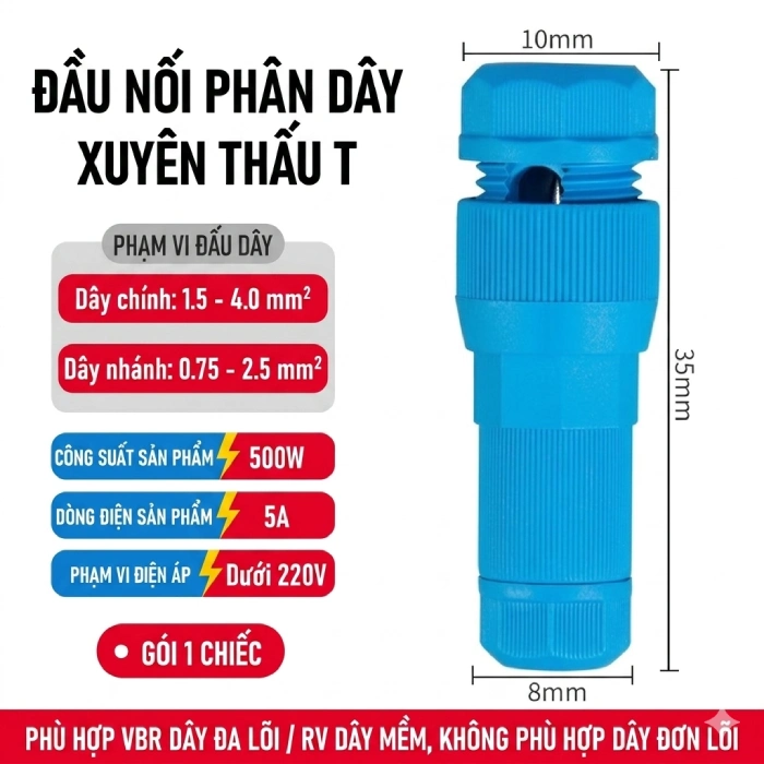 Đầu nối nhanh dây điện phân nhánh chữ T không cần tuốt vỏ màu xanh